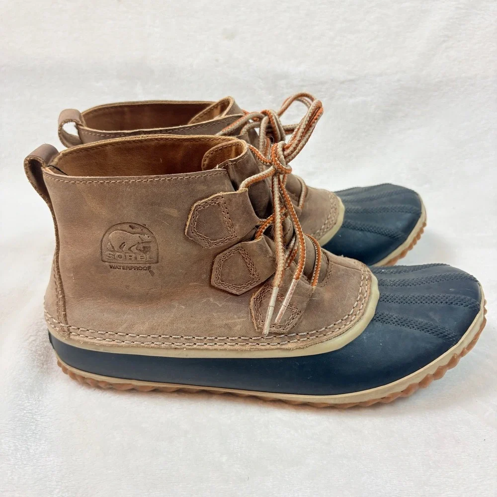 Sorel Out N About Waterproof Leather Duck Boots‎ Women Sz 8.5 Tan Black Ankle